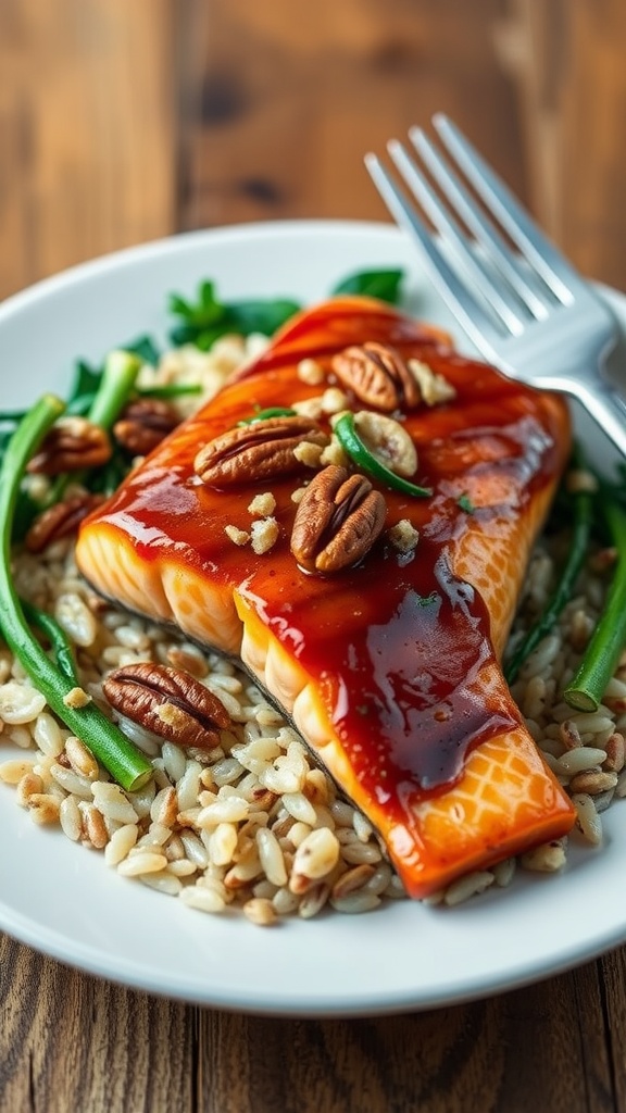 A delicious serving of Maple Honey Glazed Salmon topped with pecans, served on a plate with green beans and grains.