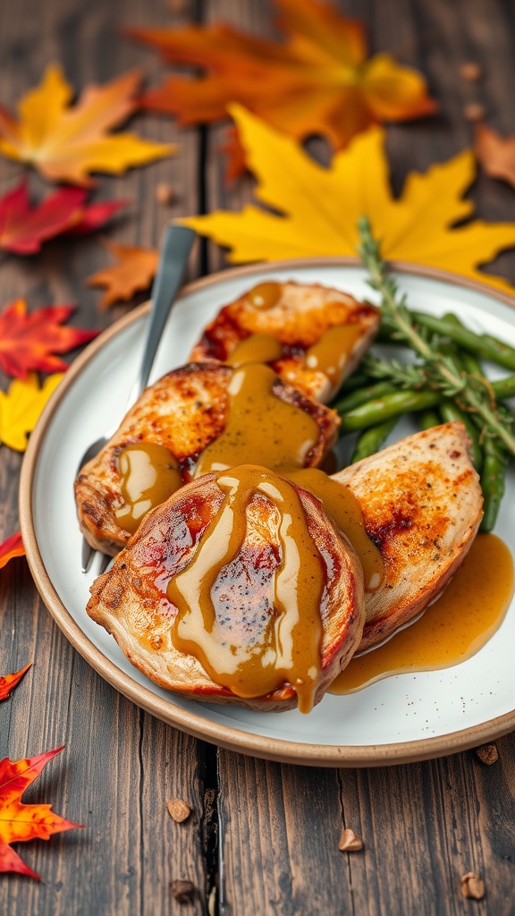 A plate of maple mustard glazed pork chops with green beans and autumn leaves.