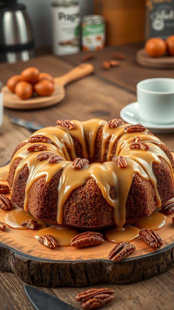 Maple Pecan Coffee Cake with a drizzle of maple glaze and pecans on top