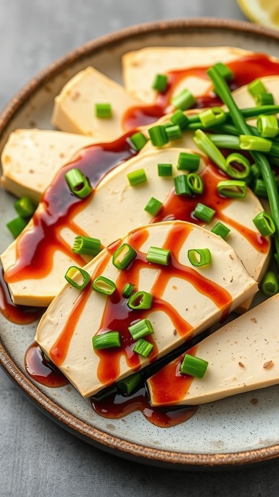 Plate of sliced tofu drizzled with maple soy glaze and topped with green onions