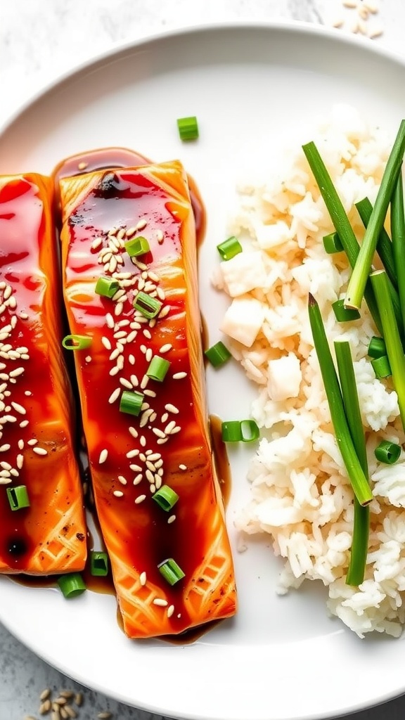 Oven-baked maple soy salmon fillets served with rice and green onions