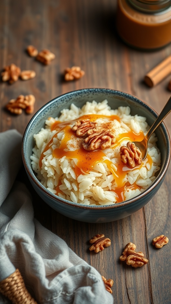 Delicious sweet rice bowl topped with maple syrup and walnuts.