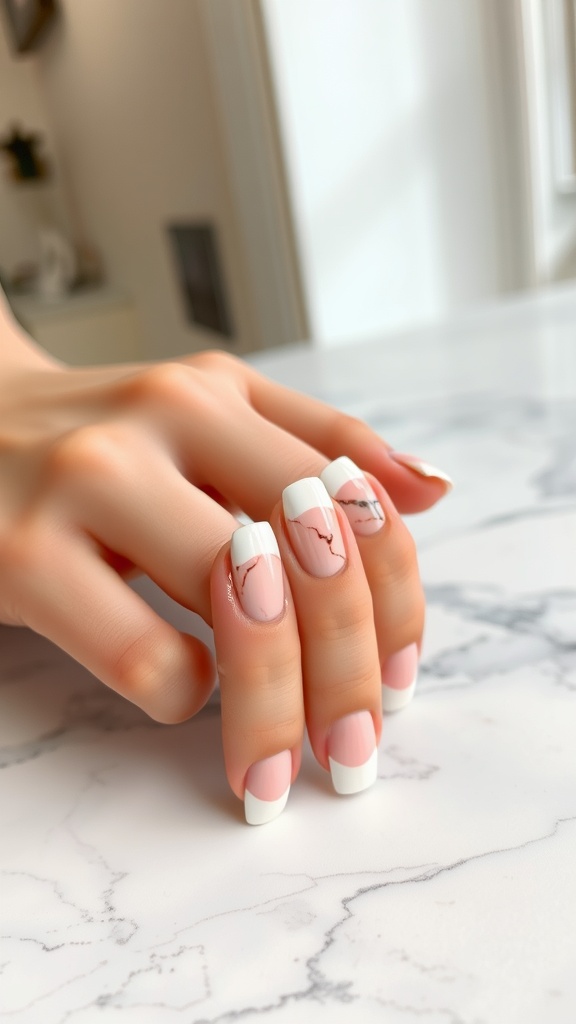 Close-up of hands with marble effect almond French tip nails on a marble surface.