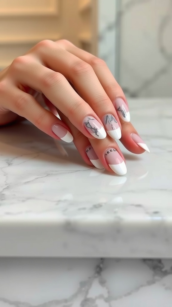 Marble effect almond French tip nails with a soft pink base and white tips on a marble surface.