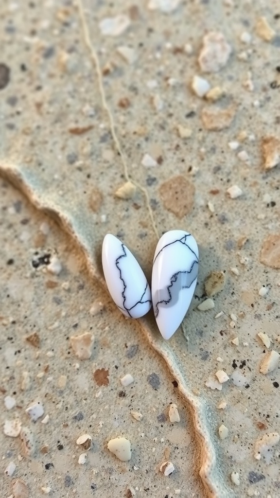Two almond-shaped nails featuring a marble effect design with a white base and black veining