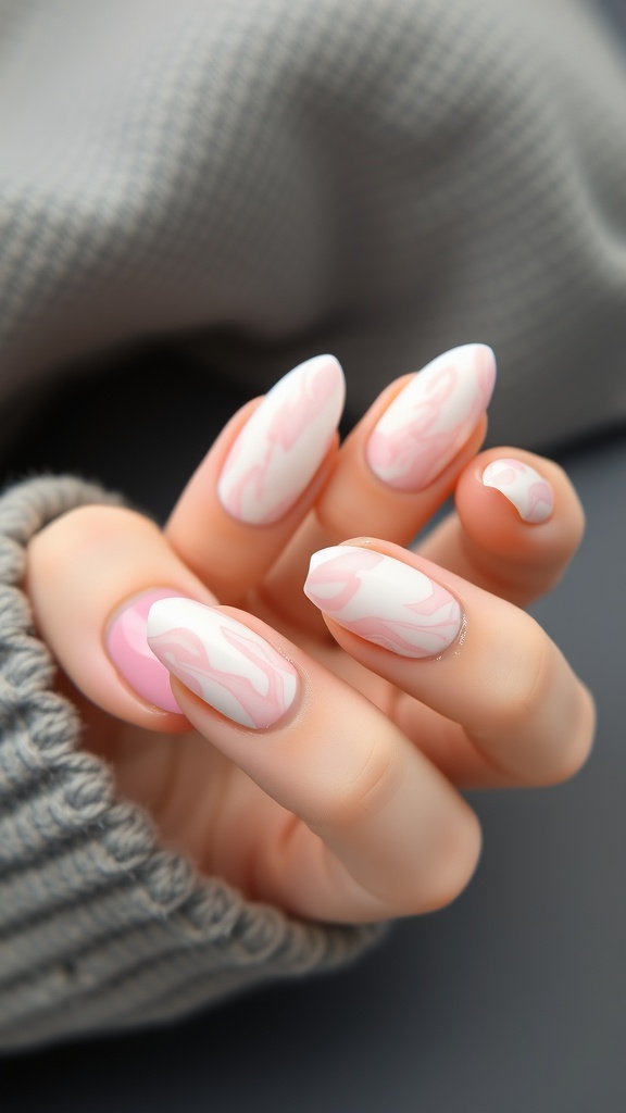Almond-shaped nails with a marble effect in blush pink and white shades
