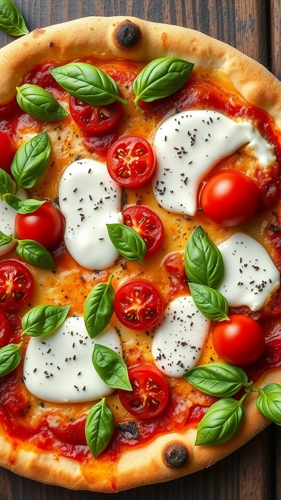 A pizza topped with mozzarella, cherry tomatoes, and basil on a wooden table.