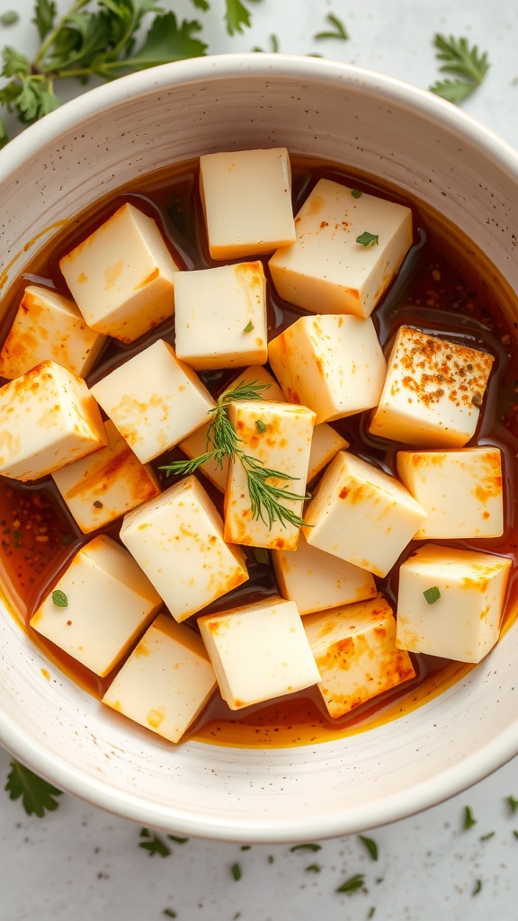 A bowl of marinated tofu cubes in a flavorful sauce.