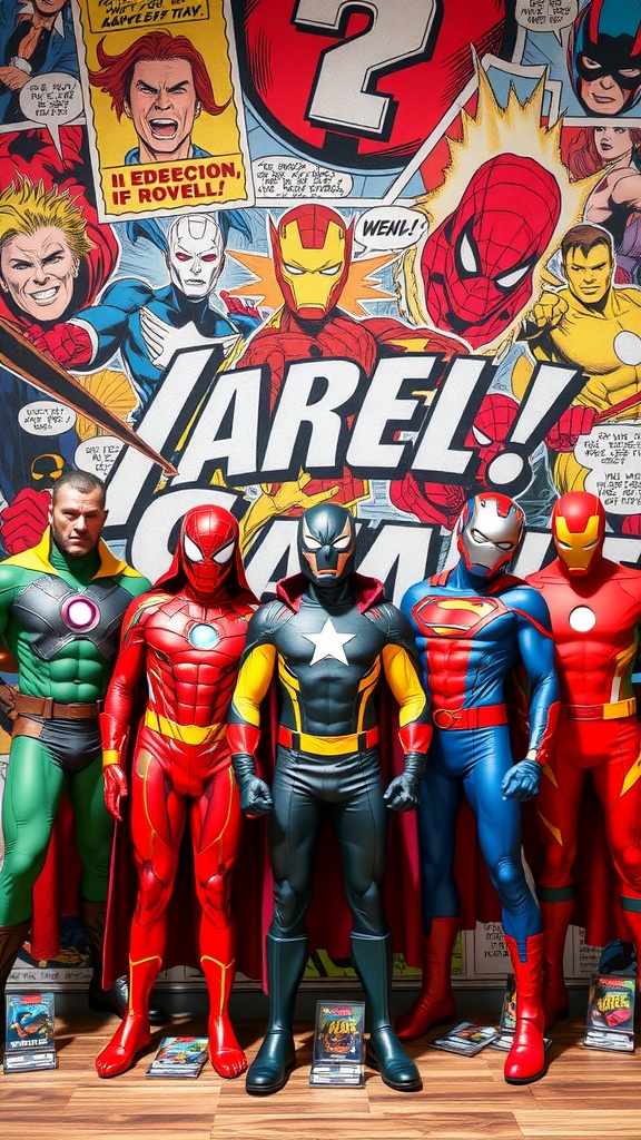 A display of various superhero costumes inspired by Marvel characters, set against a colorful comic book backdrop.