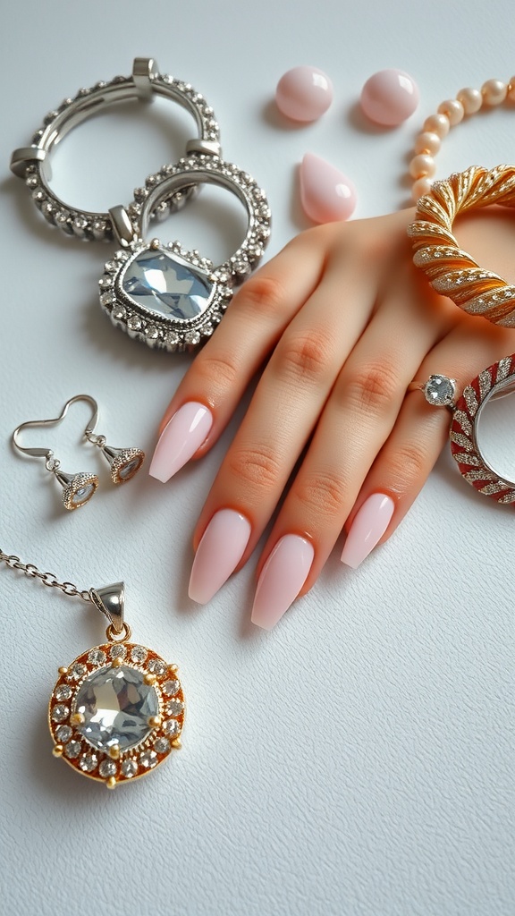 A hand with light pink chrome nails surrounded by various jewelry pieces including earrings, rings, and a necklace.