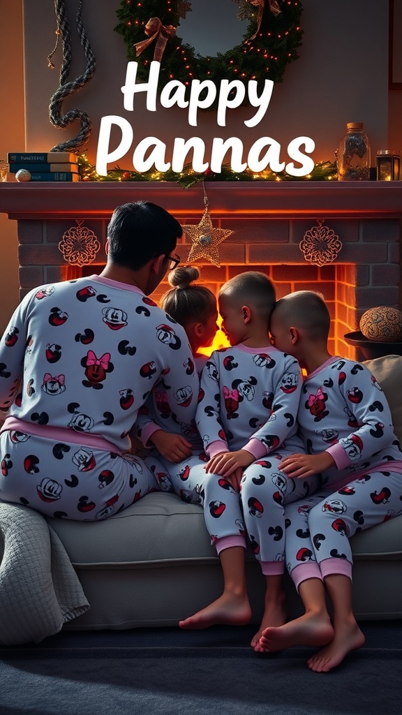 A family wearing matching Disney pajamas, sitting together on a couch, enjoying cozy time by a fireplace.