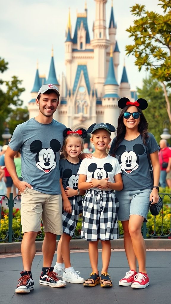 A family wearing matching Mickey Mouse shirts and accessories in front of a Disney castle