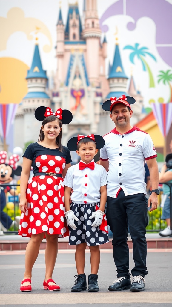 Family wearing matching Mickey and Minnie outfits in front of a castle.