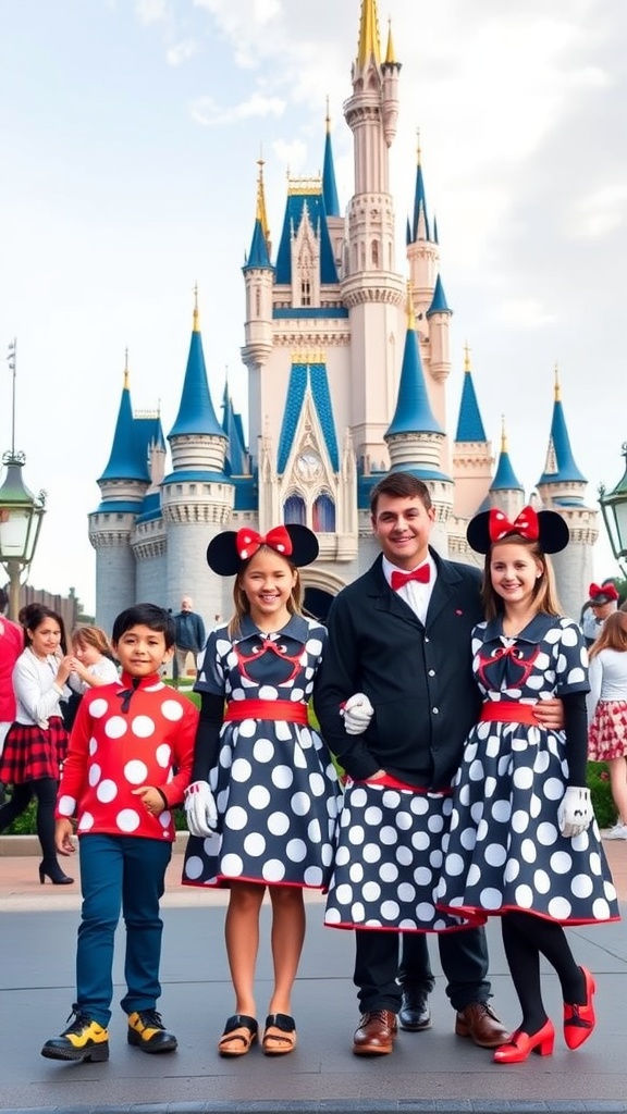 Family dressed in matching Mickey and Minnie Mouse ensembles in front of a Disney castle