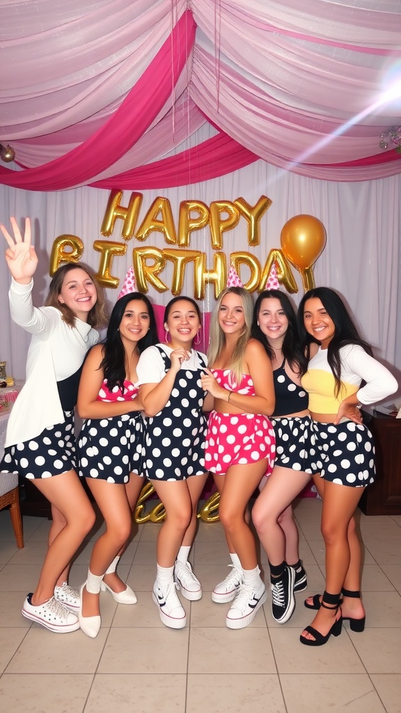 A group of friends wearing matching polka dot outfits celebrating a birthday.
