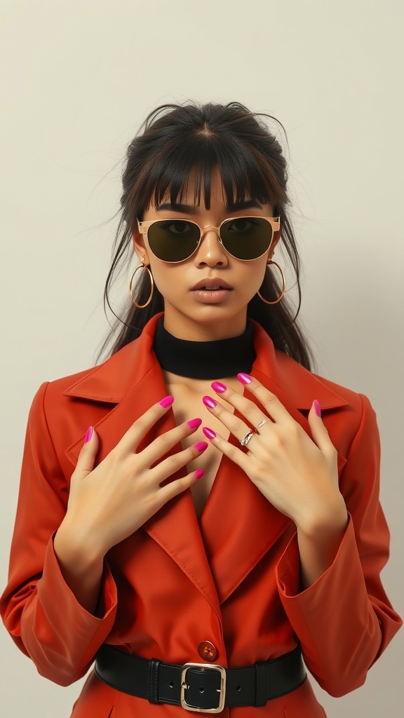A stylish individual with hot pink chrome nails wearing a vibrant red blazer and sunglasses.