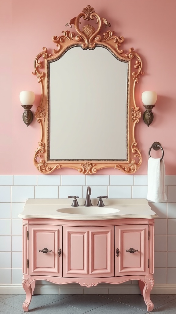 A pink retro bathroom featuring a matching vanity and ornate mirror with sconces.