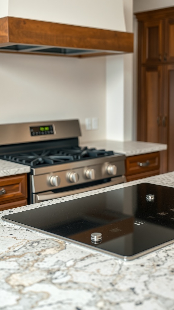 A modern kitchen island featuring a stove with granite countertop and wooden cabinetry.