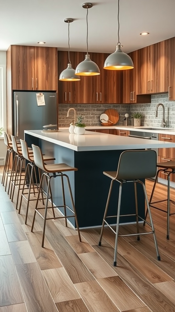 Stylish kitchen island with bar stools featuring wood and metal materials, showcasing a modern design.