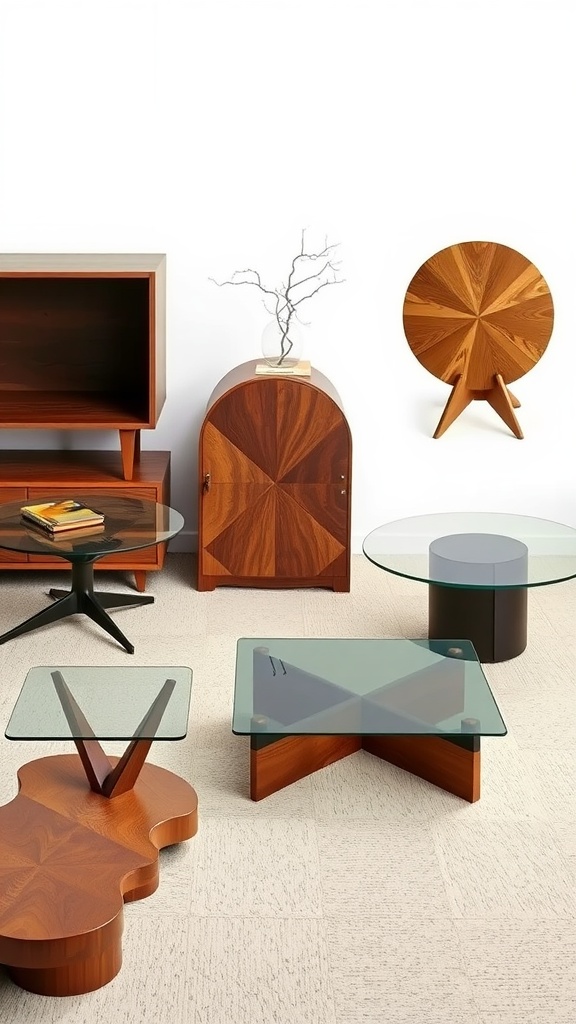 Various mid-century modern coffee tables featuring wood, glass, and metal