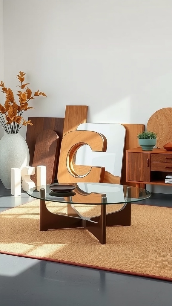 A mid-century modern coffee table featuring a glass top and wooden base, surrounded by various decorative elements.