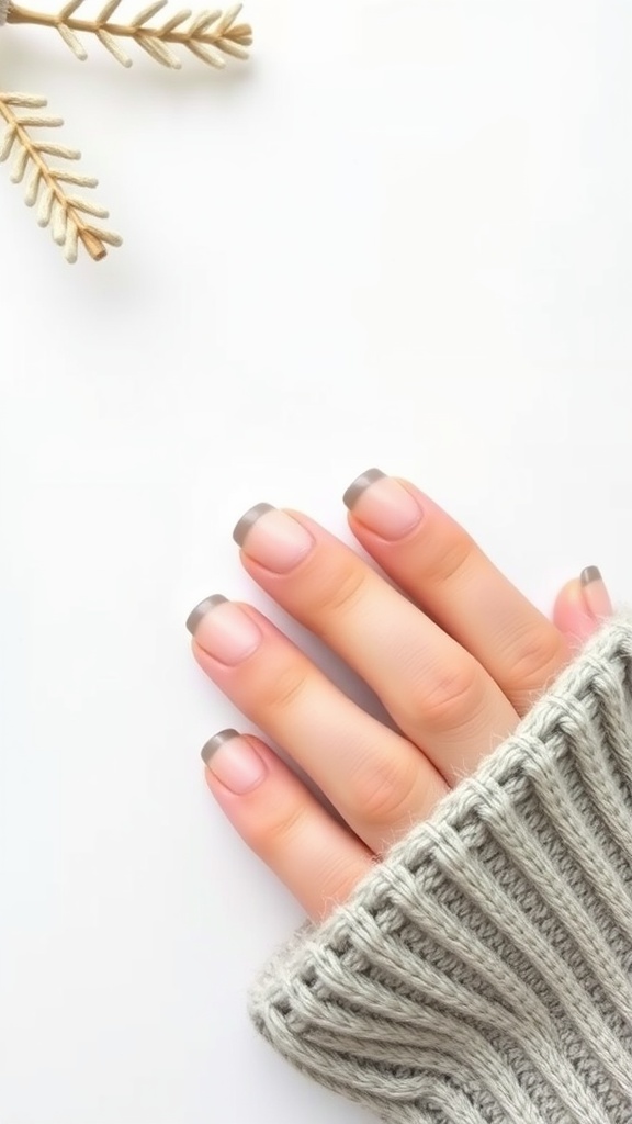 A close-up of a hand with almond-shaped nails featuring matte French tips, resting on a cozy sweater.