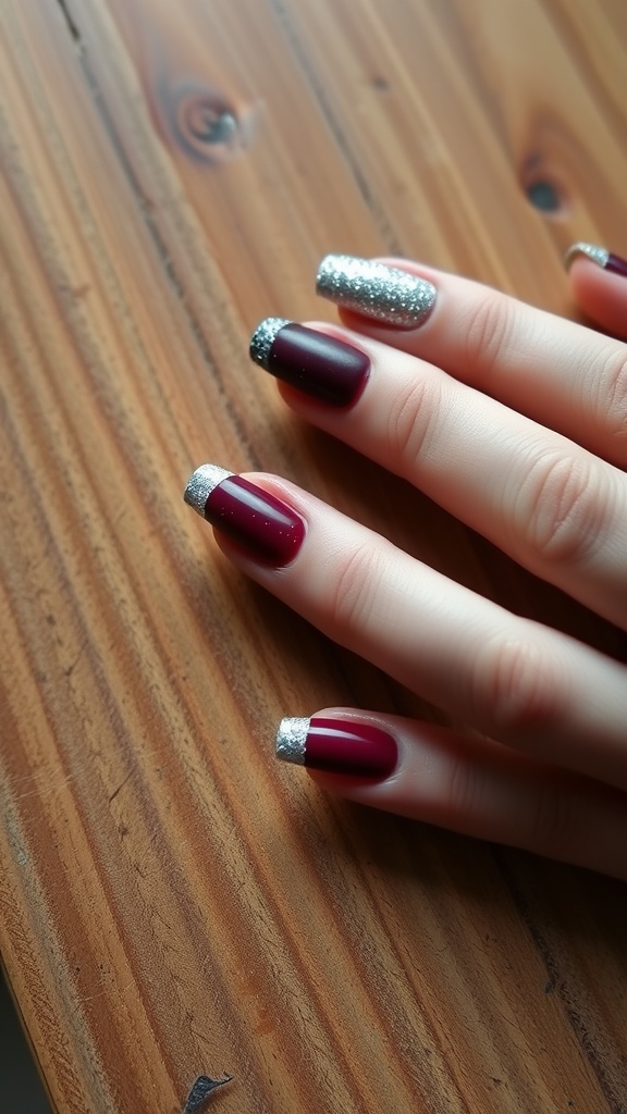 Matte almond nails with glitter tips on a wooden surface