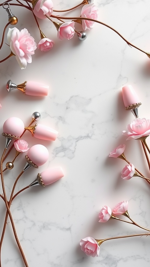 A stylish arrangement of baby pink chrome and matte nail designs alongside decorative pink flowers.