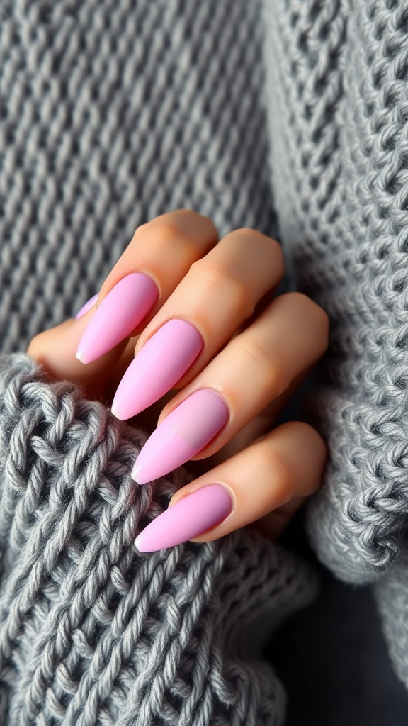 Close-up of hands with baby pink chrome and matte nails, resting on a grey knitted fabric.