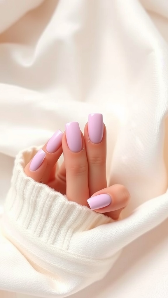 Close-up of hands with light pink matte chrome nails on a soft white fabric.