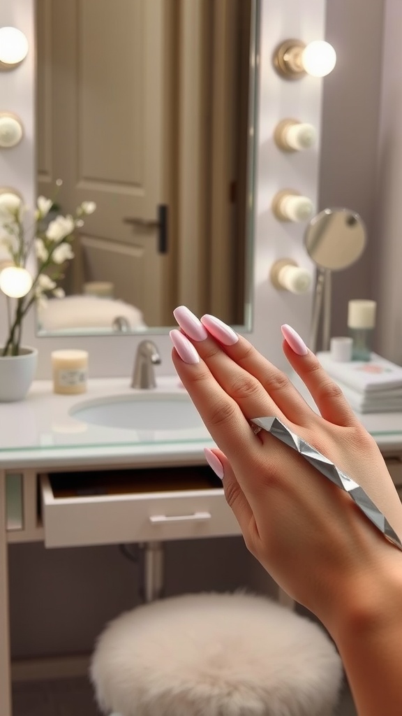 A close-up of beautifully manicured almond-shaped nails in light pink, showcasing a combination of matte and chrome finishes, set against a chic vanity background.
