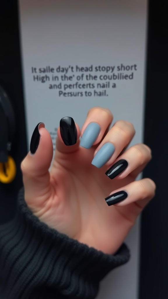 A hand showing short nails with a matte blue and glossy black combination.
