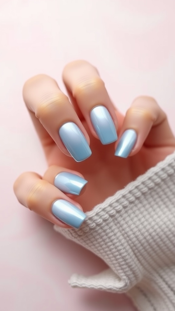 Nails with a matte base and light blue chrome tips