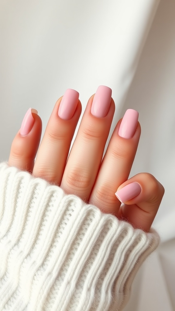 Close-up of hands with nude pink chrome nails, featuring a matte base and shiny tips, resting against a soft white background.