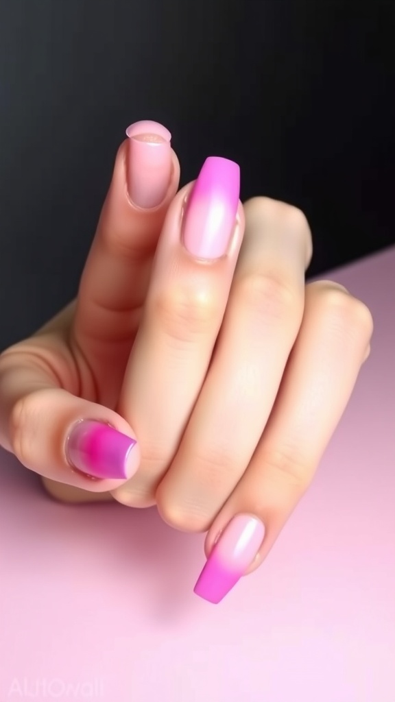 Nail design featuring a matte base with pink chrome tips, showcasing a modern square shape.
