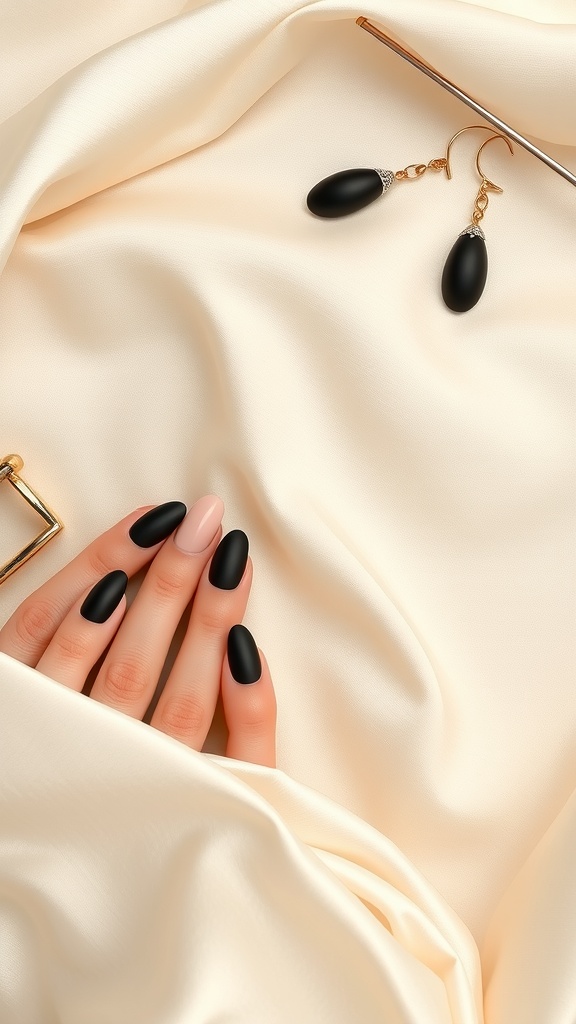 Close-up of hands with matte black almond nails and a nude nail, set against a cream fabric background with elegant earrings