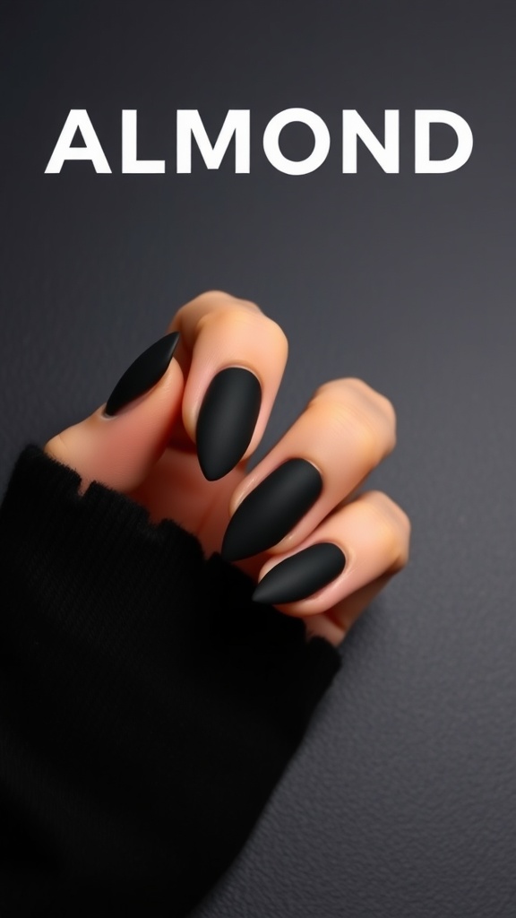 A hand with matte black almond nails, showcasing a sleek and modern design.