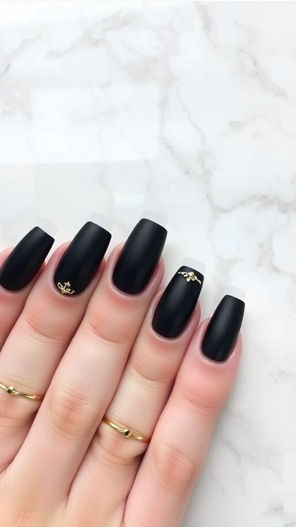 Short coffin nails in matte black with gold accents