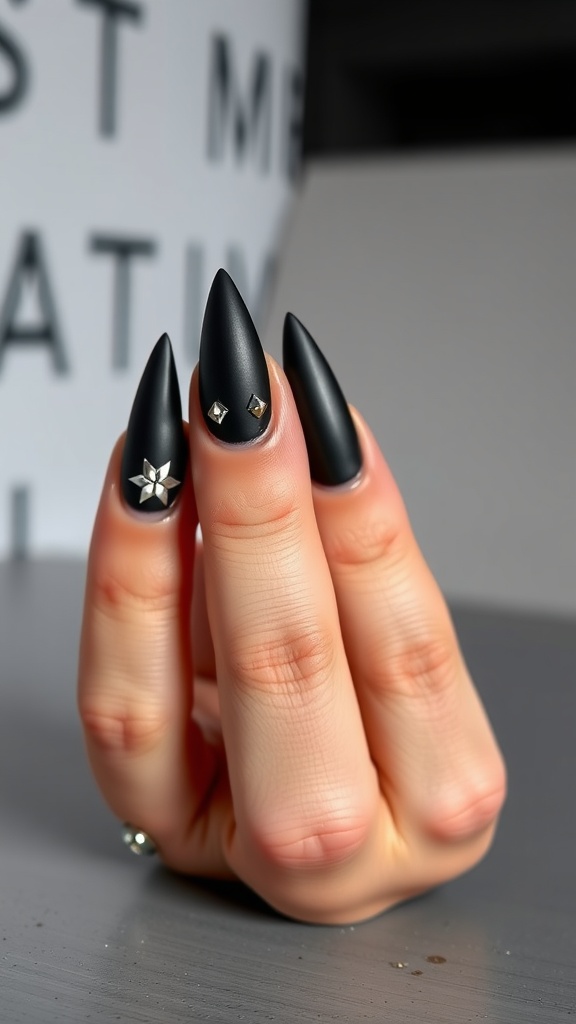 A close-up of matte black stiletto nails with metallic studs