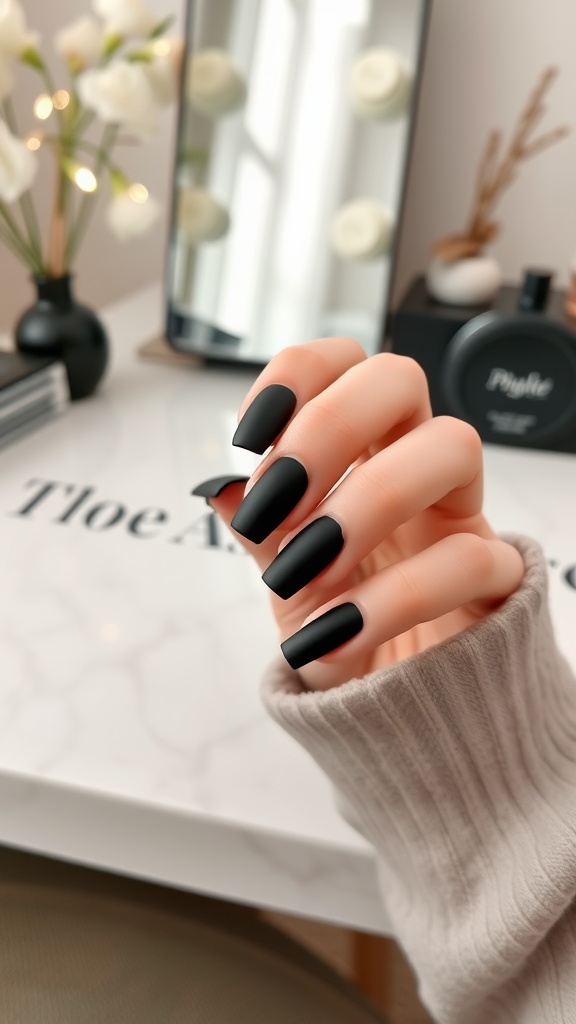 Close-up of hands with matte black nails and glossy tips on a marble surface.