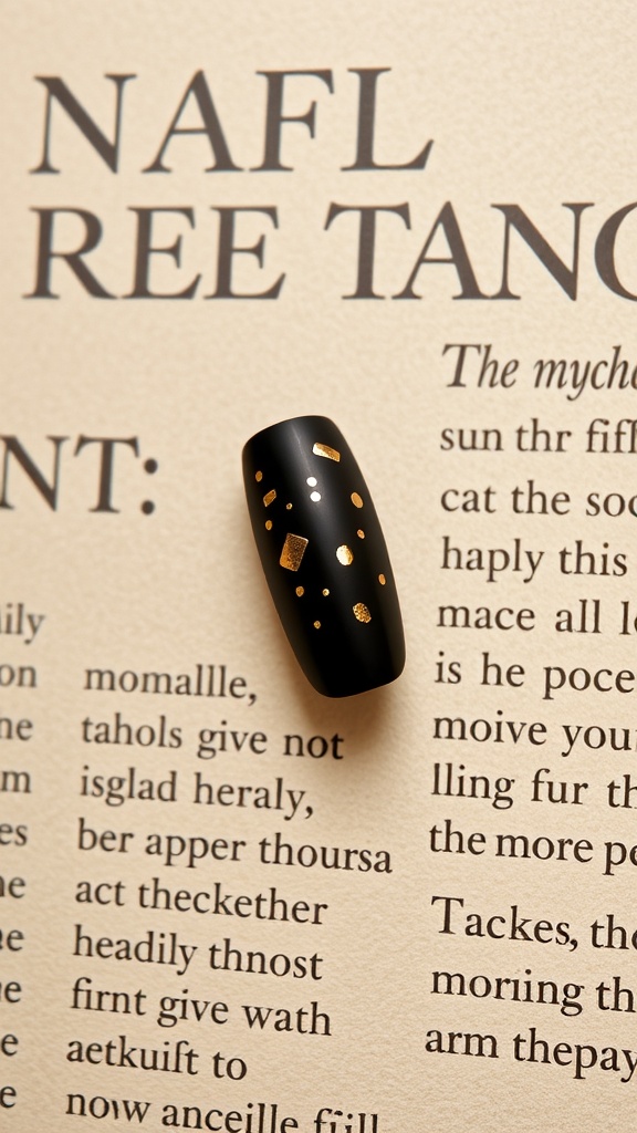 A matte black acrylic nail with gold foil designs on a textured background.