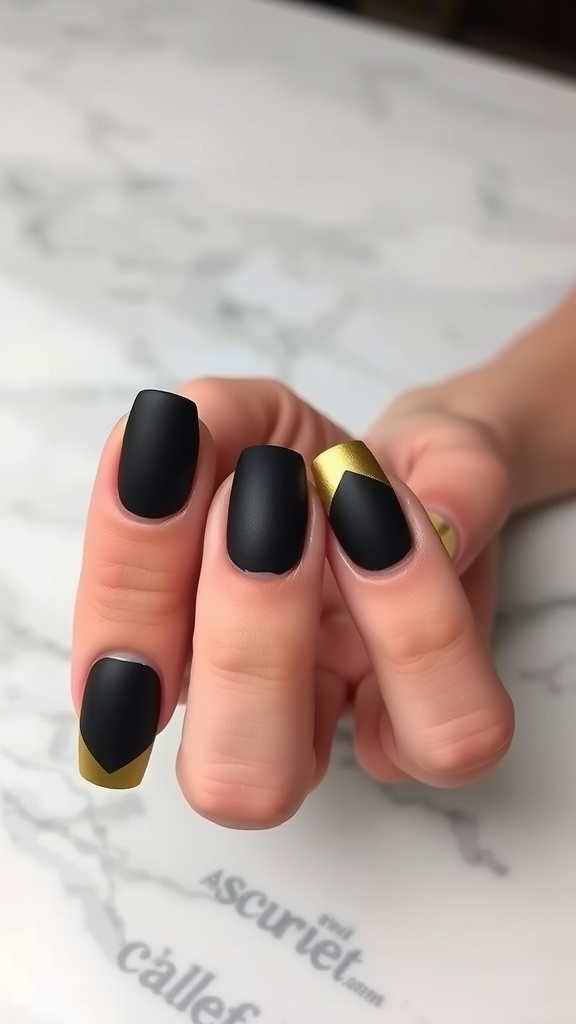 Nails with a matte black finish and gold tips