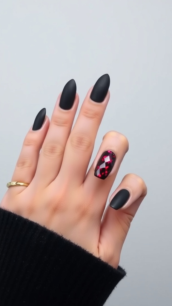 A hand showing long matte black stiletto nails with one accent nail featuring a red jewel.