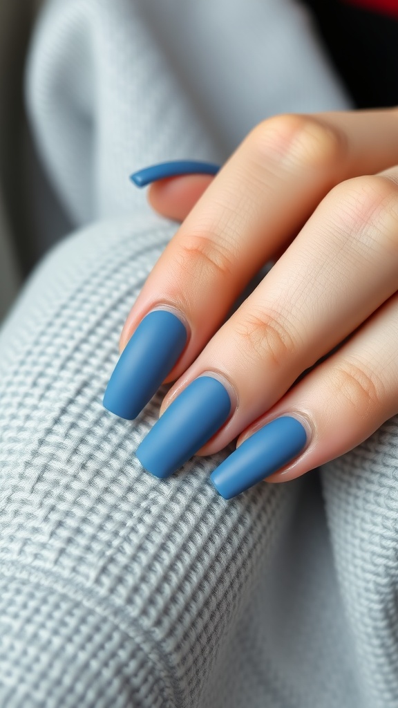 Close-up of hands with matte blue French tip nails on a textured fabric background