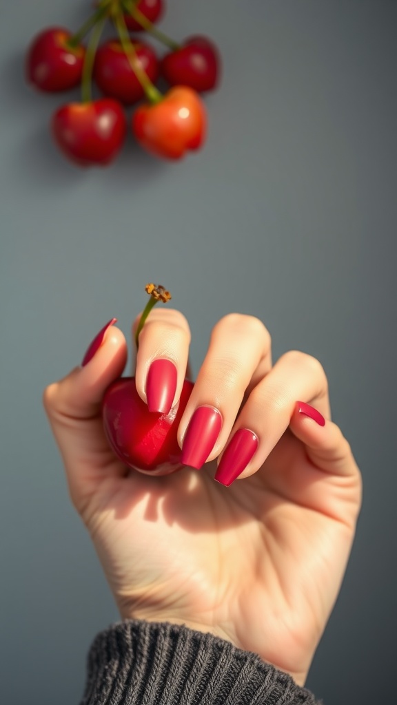 A hand holding a cherry, showcasing matte cherry finished nails.