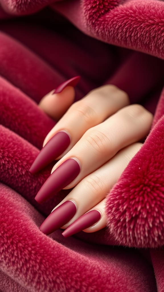 A close-up of long, matte cherry red nails resting on a plush, burgundy fabric.