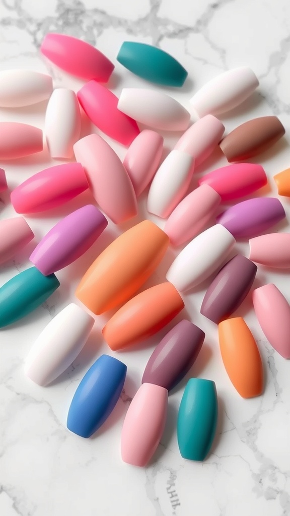 Various matte chrome nail tips in different colors laid out on a marble surface.
