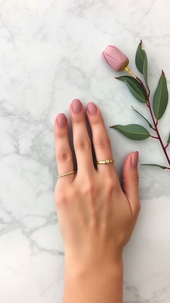 A hand with matte dusty rose almond nails, adorned with gold rings, next to a pink rose on a marble surface.