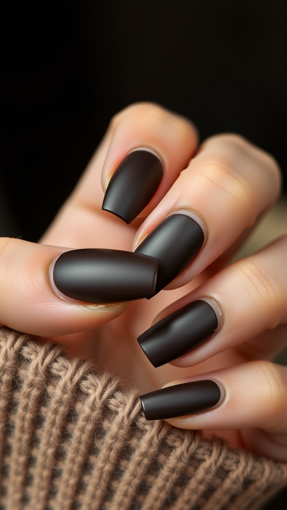 Close-up of hands with matte espresso nails holding a knitted brown sweater.