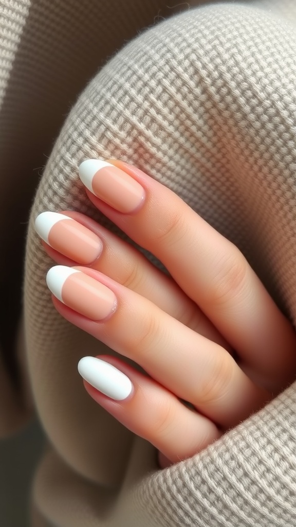 Close-up of almond-shaped nails with a matte finish and French tips, resting on a soft knitted fabric.